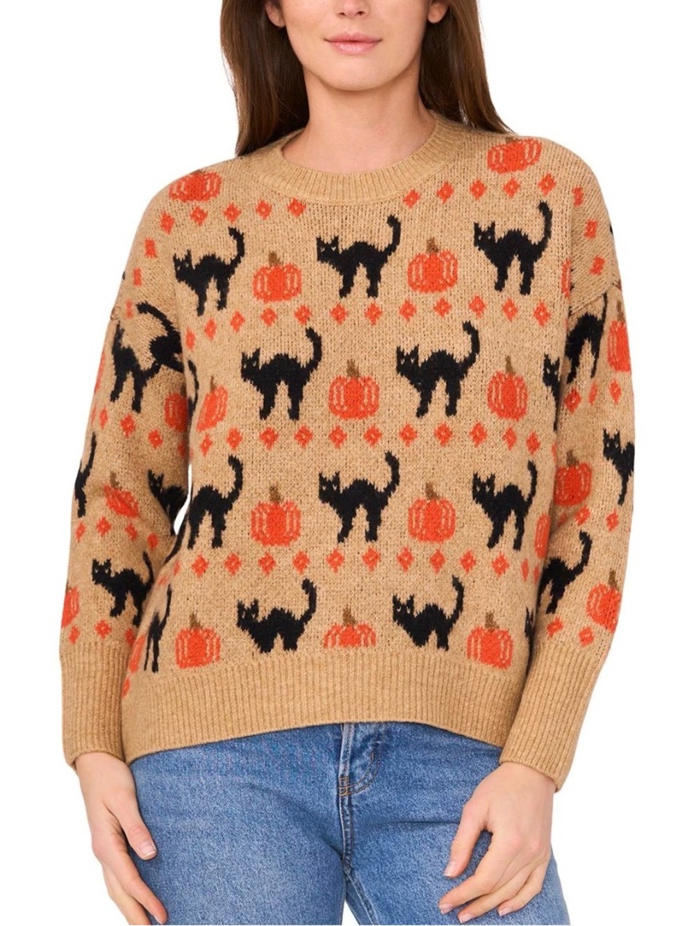 Vince Camuto Beige Crewneck Sweater with Orange Pumpkins & Black Cats oversized